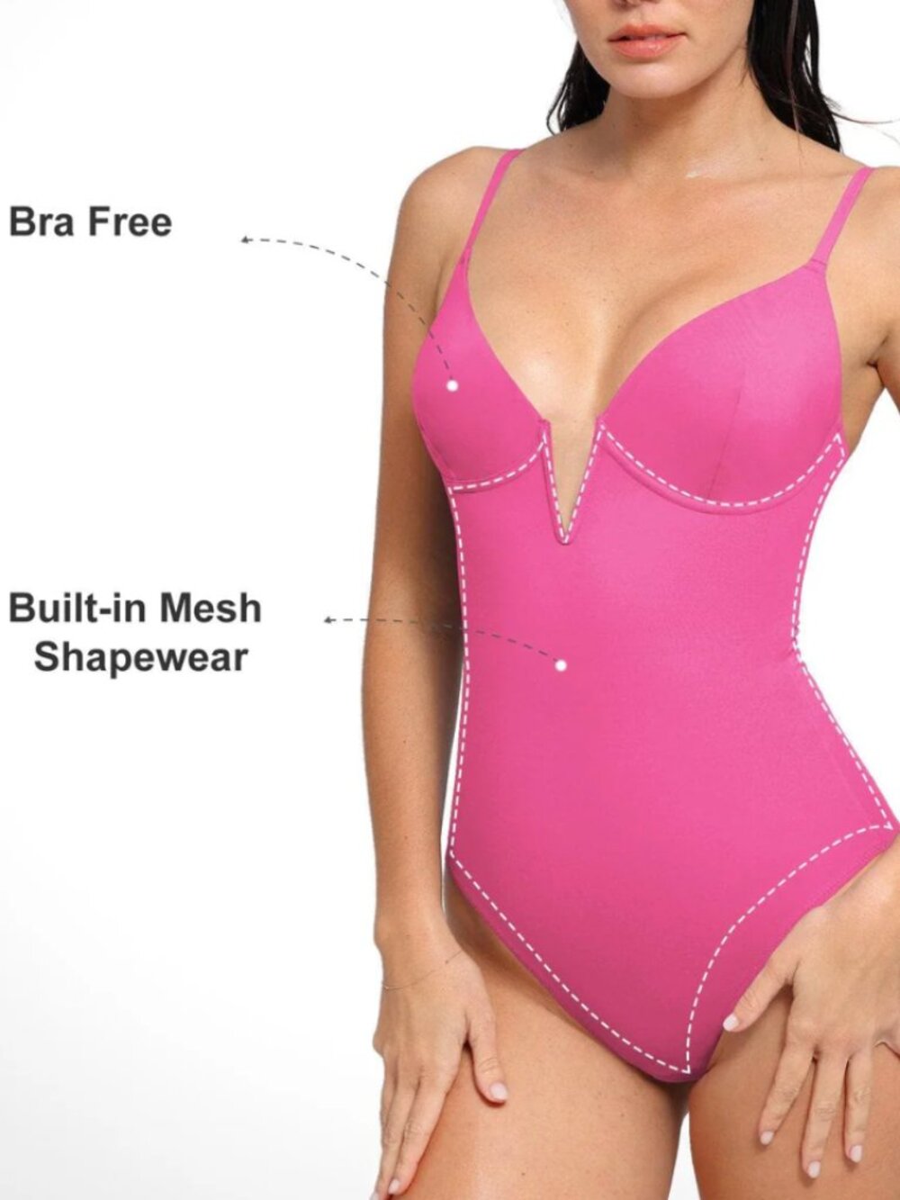 Popilush Built-In Shapewear V-Neck Low Back One-Piece Swimsuit | Pink | Small